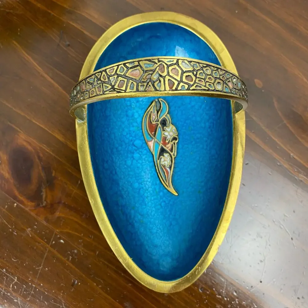 Vintage MCM Judaica Brass Blue Enamel Pedestal Bowl Handmade In Israel Decor